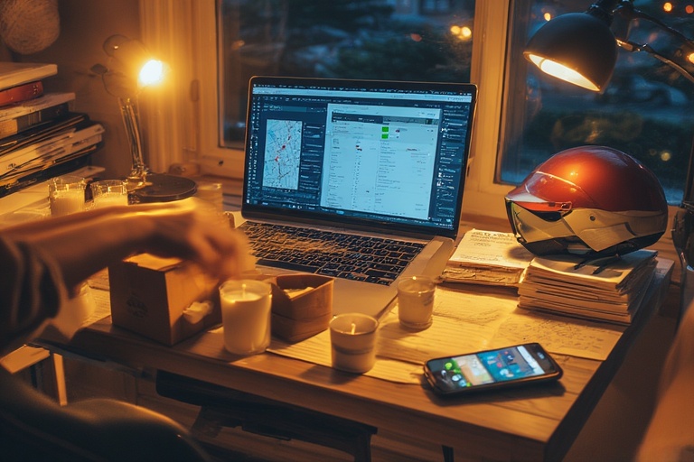 Student working on a laptop at a desk with books and a coffee mug, representing side hustles for students